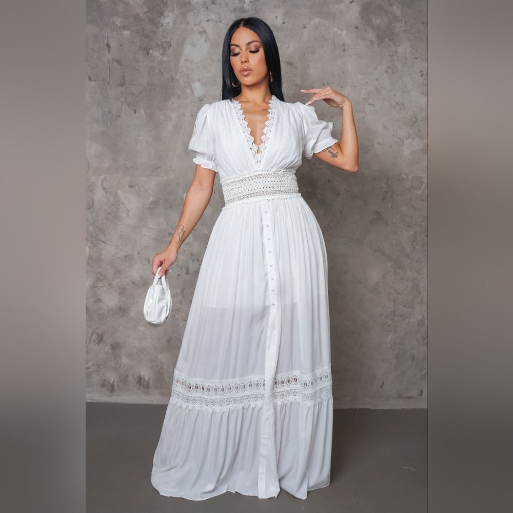 Part Crochet Short Sleeve White Maxi Dress
